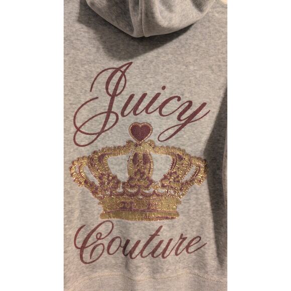 Juicy Couture Velour Full-Zip Hoodie – Gray w/ Gold & Maroon Crown Logo - Picture 3 of 5